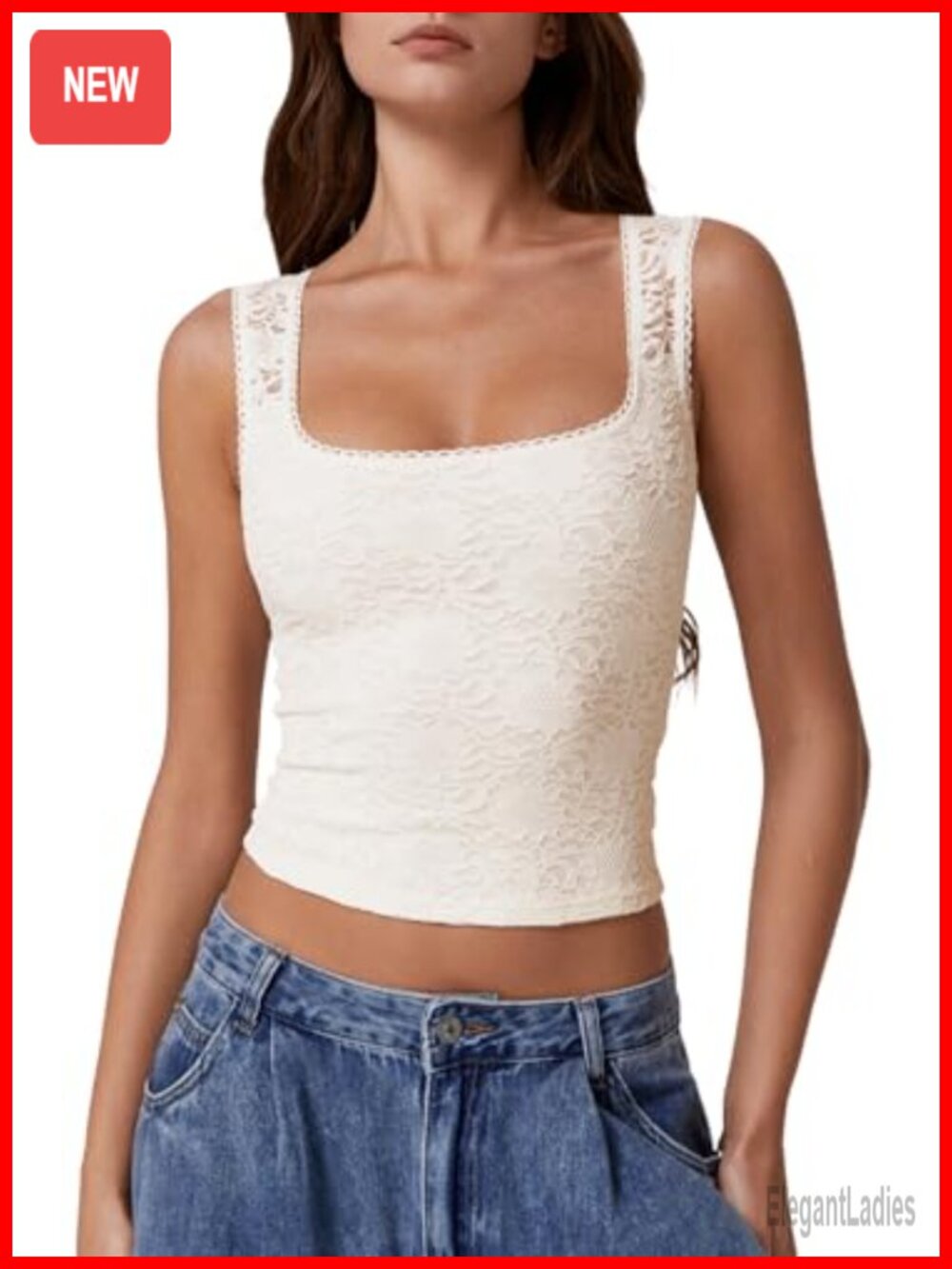 Lace Trim Square Neck Sleeveless Double-Layer Slim Fit Tank Top